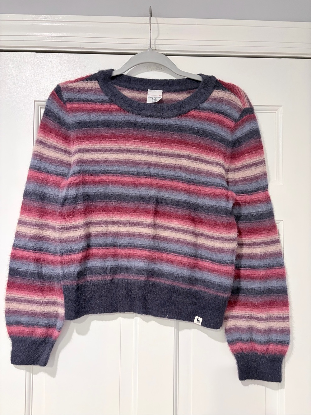 abercrombie kids Striped Fuzzy Crewneck Sweater - Pink, Gray, Cream